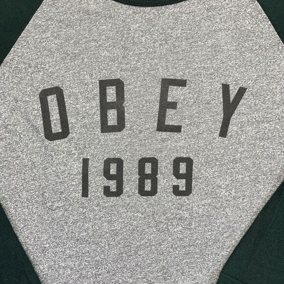 Obey Raglan T-Shirt Men’s Large Green Gray Made in USA Spellout Vintage Skate - Picture 2 of 9